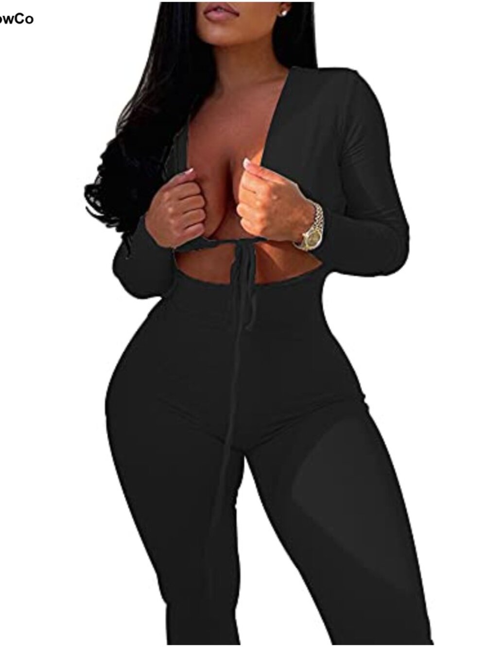 Sexy Cut Out Bodycon Jumpsuit Lace Up V Neck Long Sleeve One Piece Romper